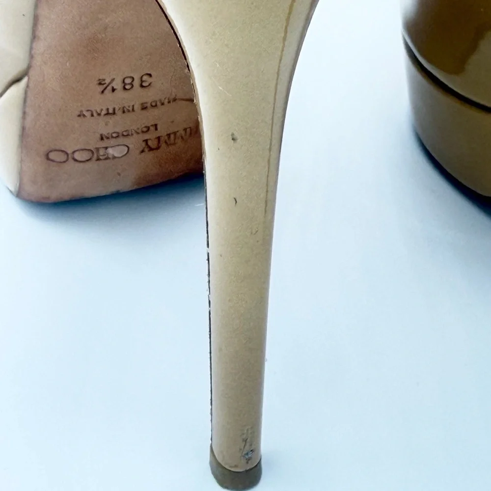 Jimmy‎ Choo Luna Peep-Toe Platform Pumps Nude Patent Leather Size 8.5 (38.5)